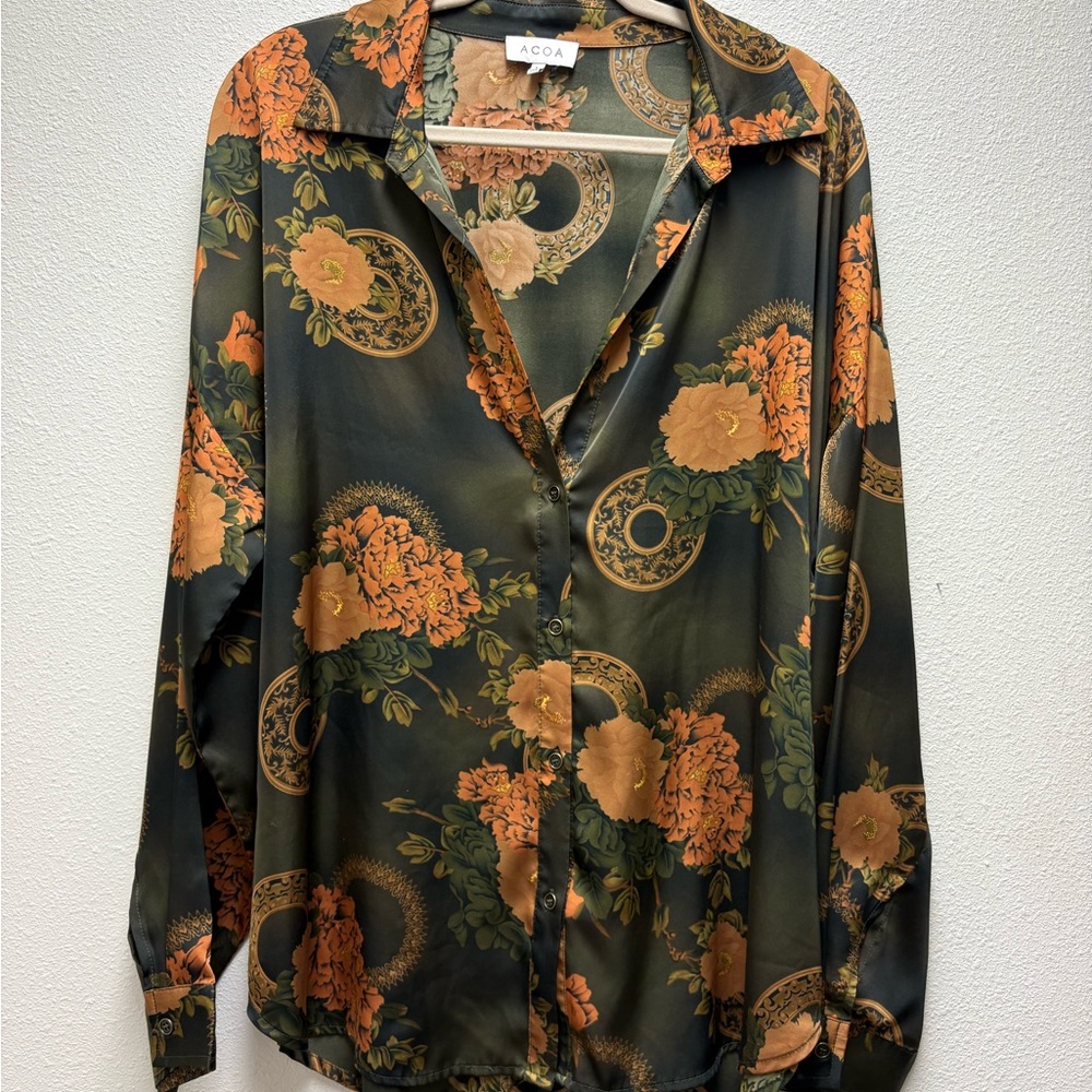 ACOA Women's Floral Satin Button-Down Shirt - Green and Orange